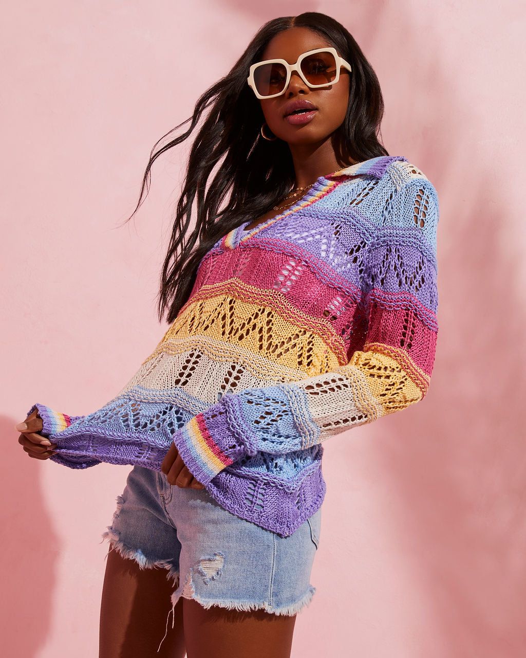 Cozy Colors Crochet Collared Sweater sold by Vici product image thumbnail 4