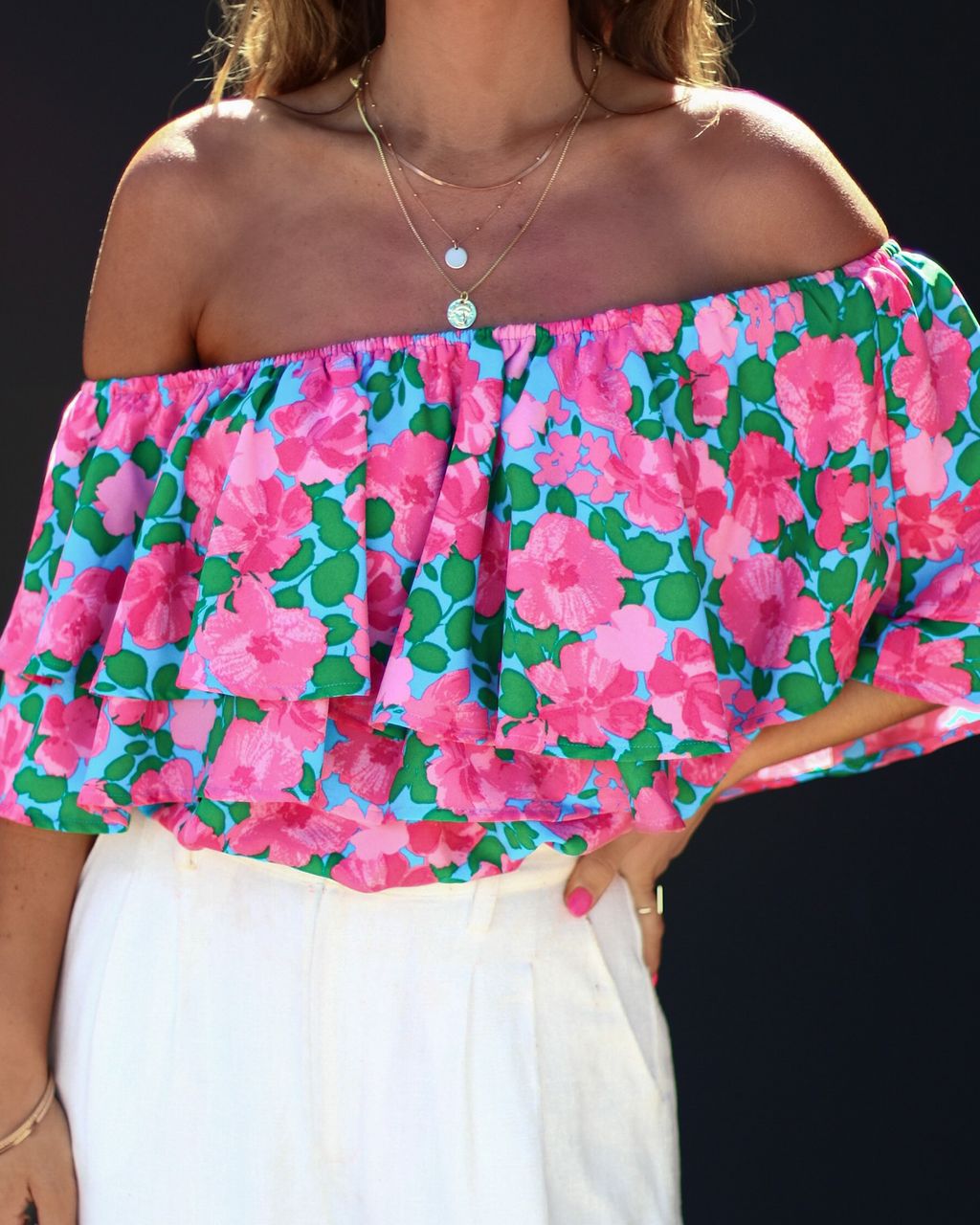 Botanical Paradise Floral Off The Shoulder Ruffle Top - Pink/Blue - FINAL SALE sold by Vici product image thumbnail 2