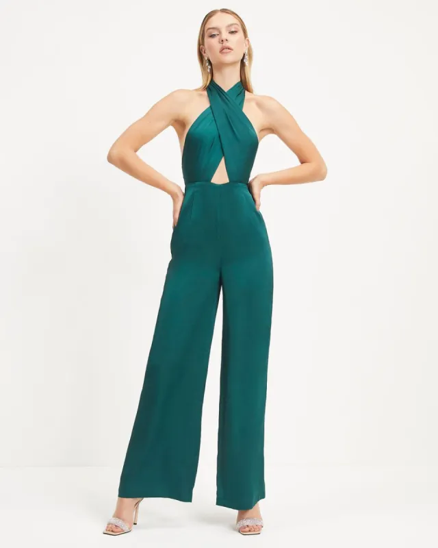 Selena Satin Criss Cross Halter Jumpsuit sold by Vici