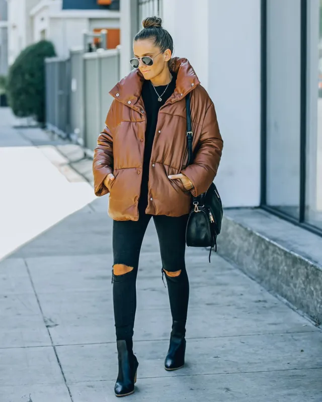 Cade Pocketed Faux Leather Puffer Jacket - Brown - FINAL SALE sold by Vici