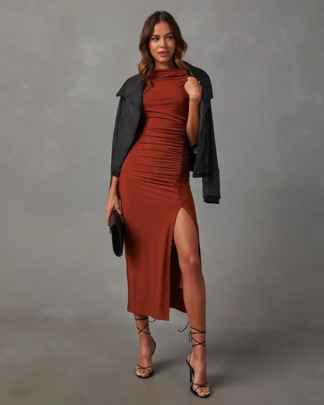 Elisabeth Mock Neck Side Slit Ruched Midi Dress - Rust sold by Vici