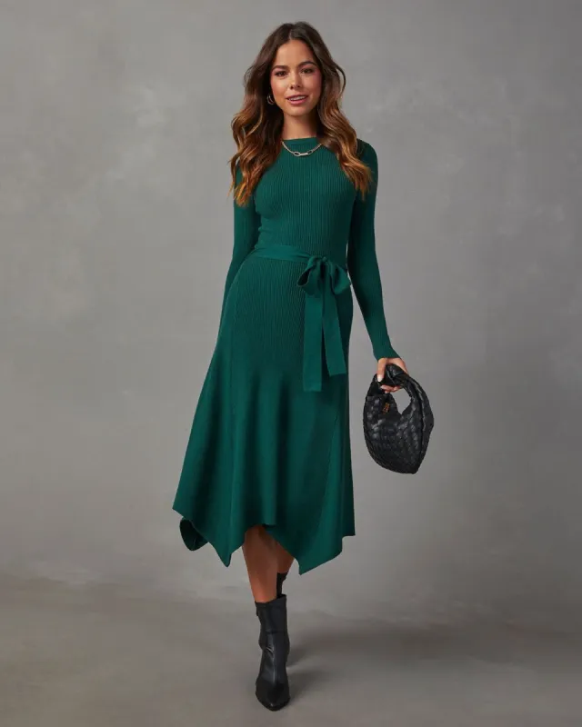 Lia Asymmetrical Hem Tie Waist Midi Sweater Dress - Green sold by Vici