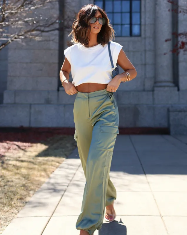Alana Pocketed Satin Cargo Joggers sold by Vici