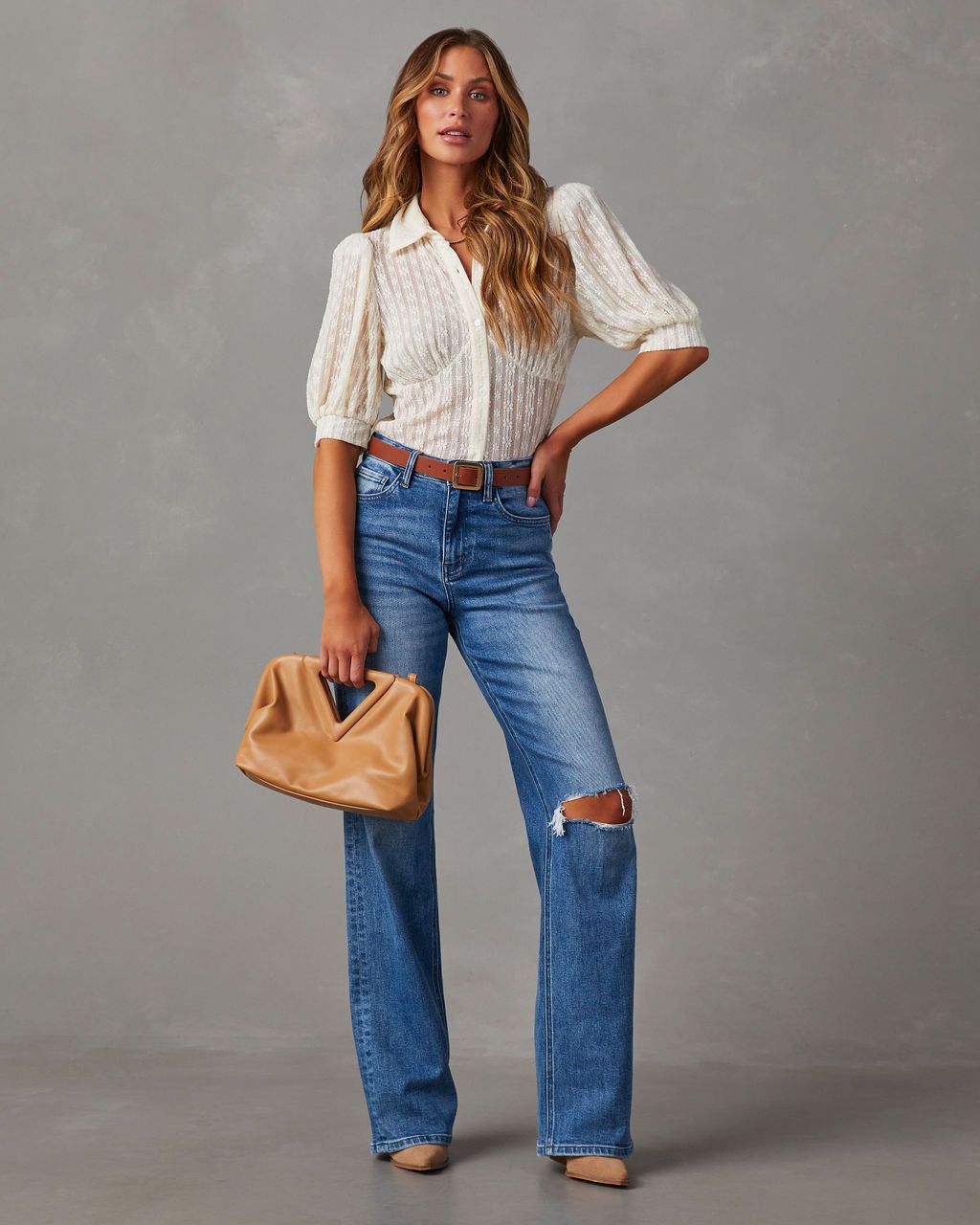 Secrets Revealed Lace Button Down Top - Cream sold by Vici product image thumbnail 6