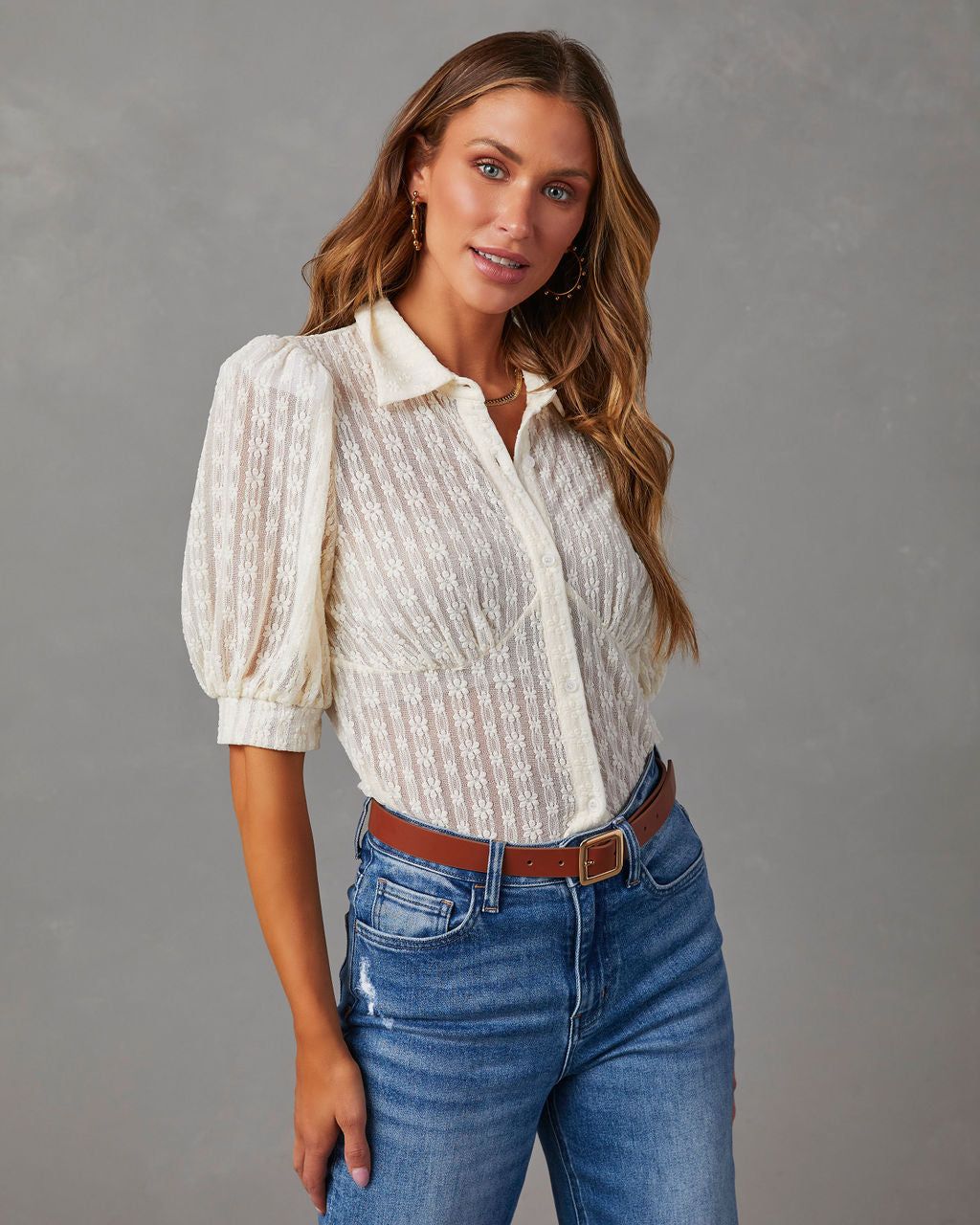 Secrets Revealed Lace Button Down Top - Cream sold by Vici product image thumbnail 5