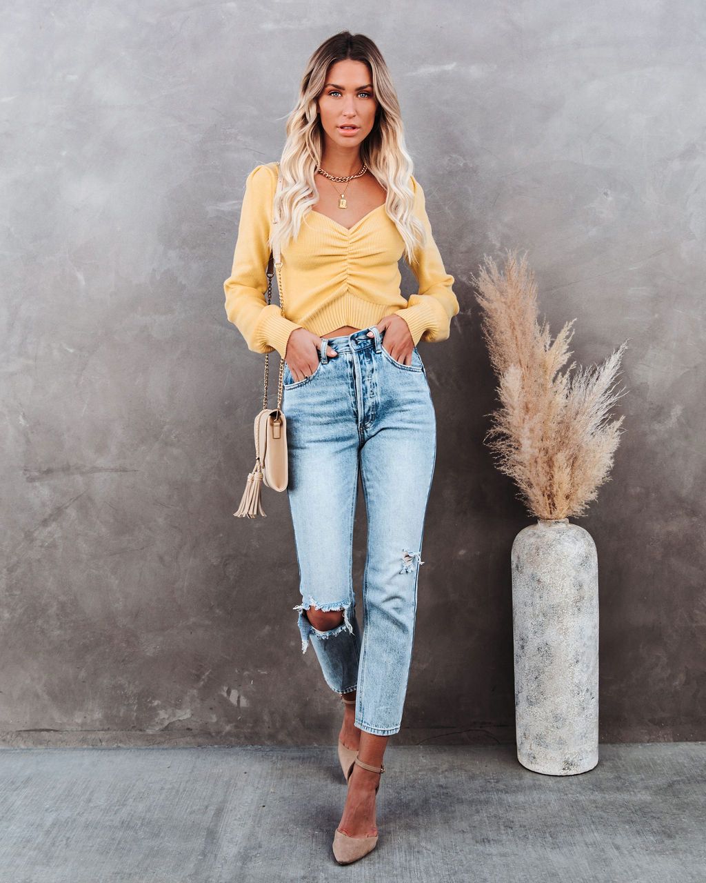 Aimee Ruched Crop Knit Sweater Top - Light Yellow - SALE sold by Vici product image thumbnail 10