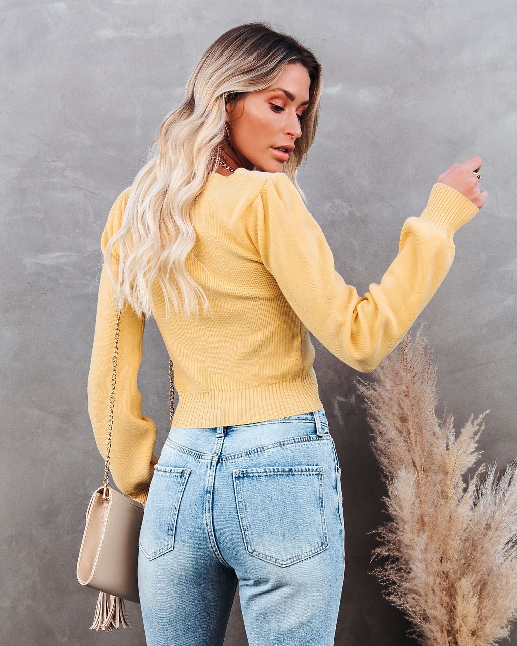 Aimee Ruched Crop Knit Sweater Top - Light Yellow - SALE sold by Vici product image thumbnail 2