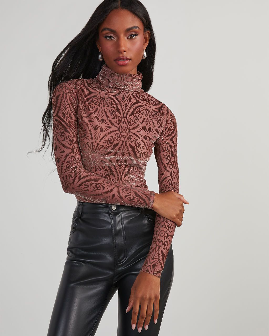 Tessy Velvet Burnout Turtleneck Top - Mauve sold by Vici