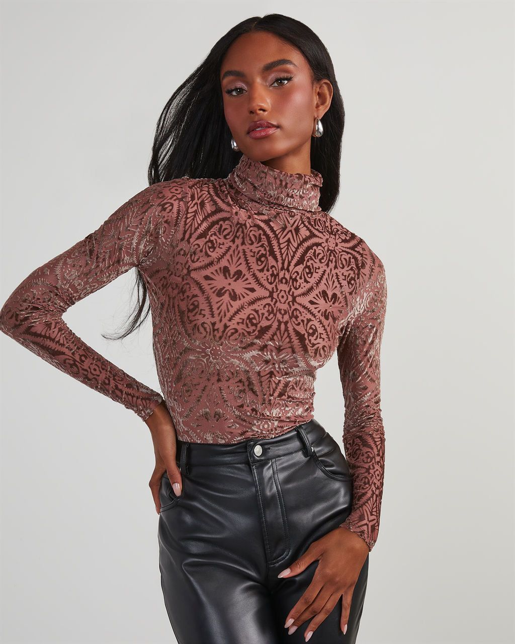 Tessy Velvet Burnout Turtleneck Top - Mauve sold by Vici product image thumbnail 6