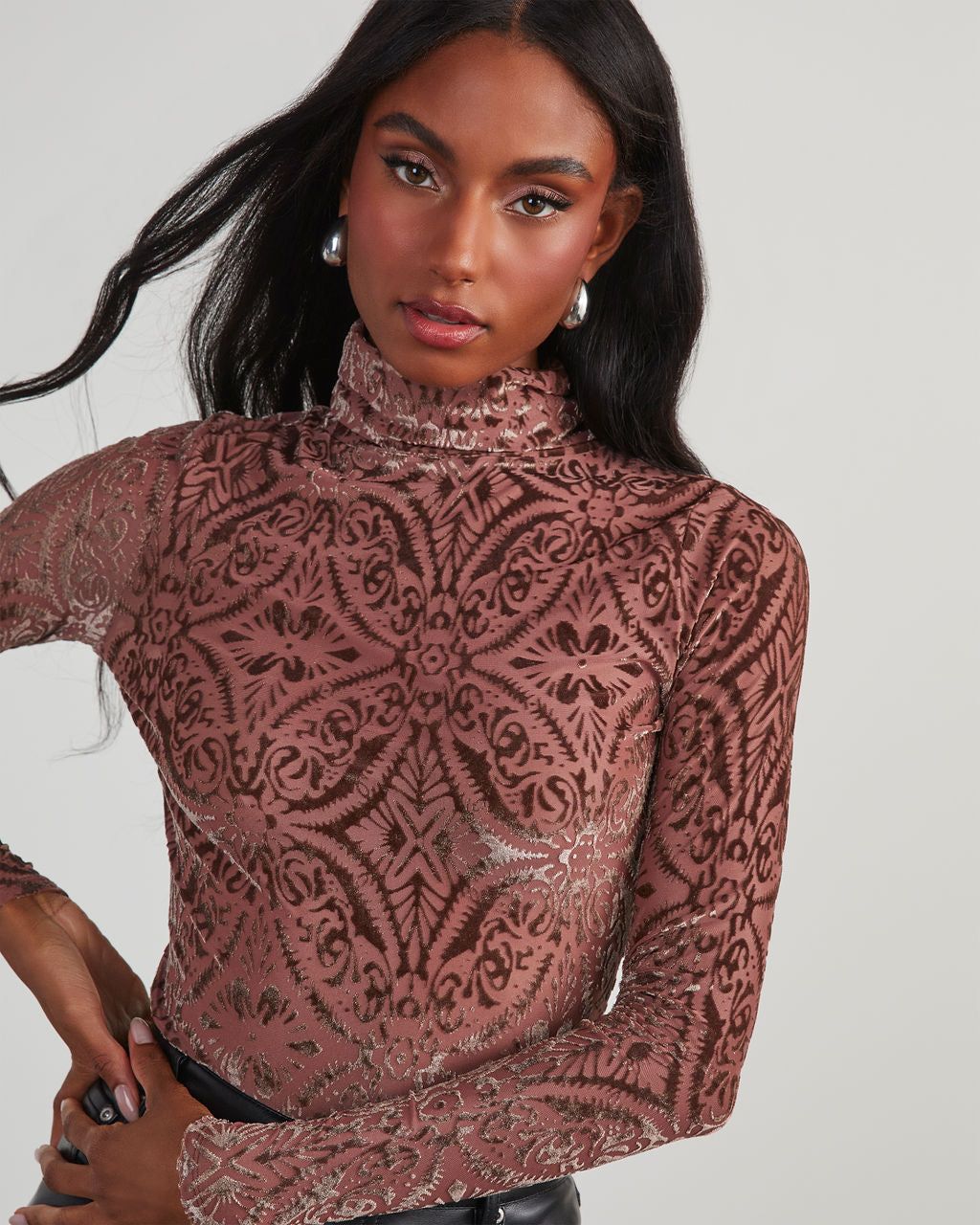 Tessy Velvet Burnout Turtleneck Top - Mauve sold by Vici product image thumbnail 5