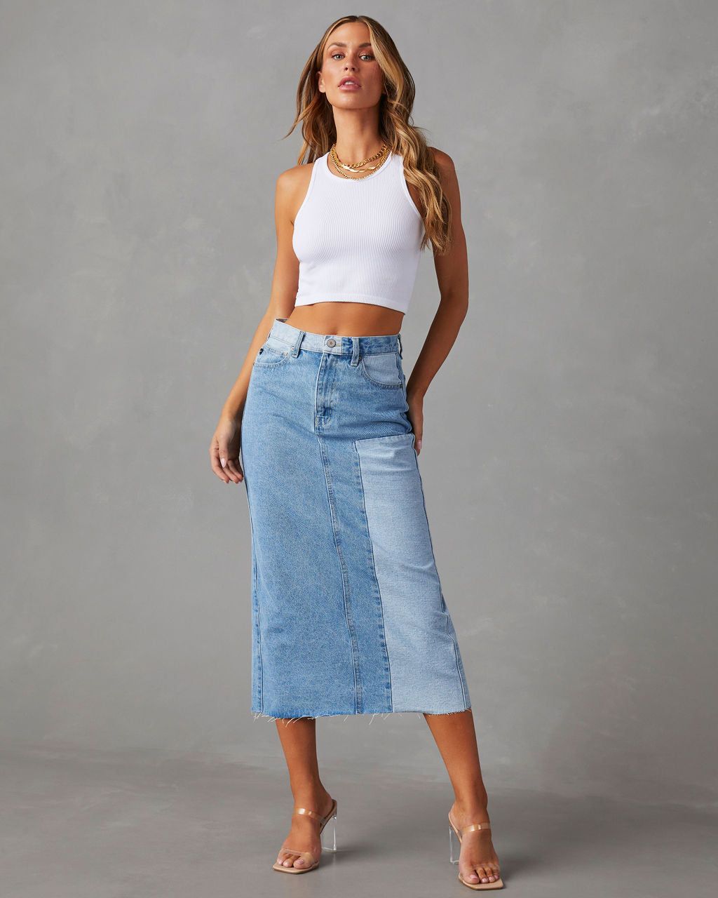 Amryn Two Tone Denim Midi Skirt - Light Wash - SALE sold by Vici product image thumbnail 4