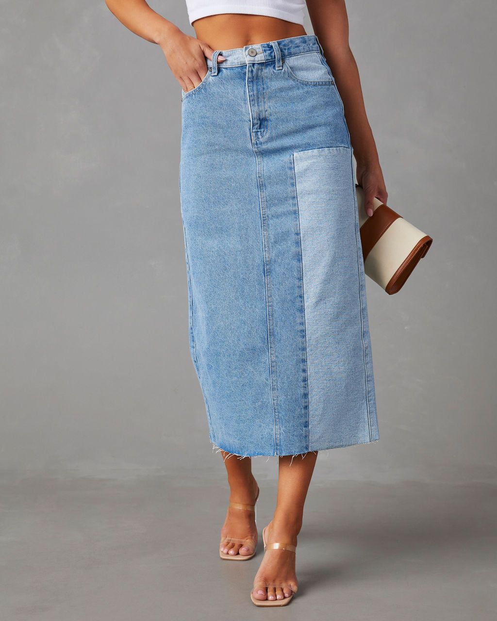Amryn Two Tone Denim Midi Skirt - Light Wash - SALE sold by Vici product image thumbnail 7
