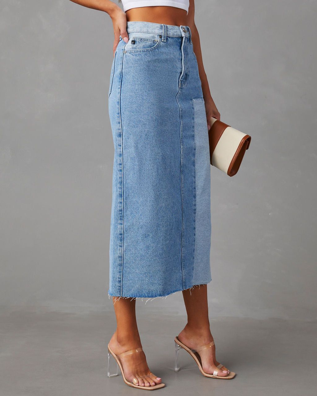 Amryn Two Tone Denim Midi Skirt - Light Wash - SALE sold by Vici product image thumbnail 6