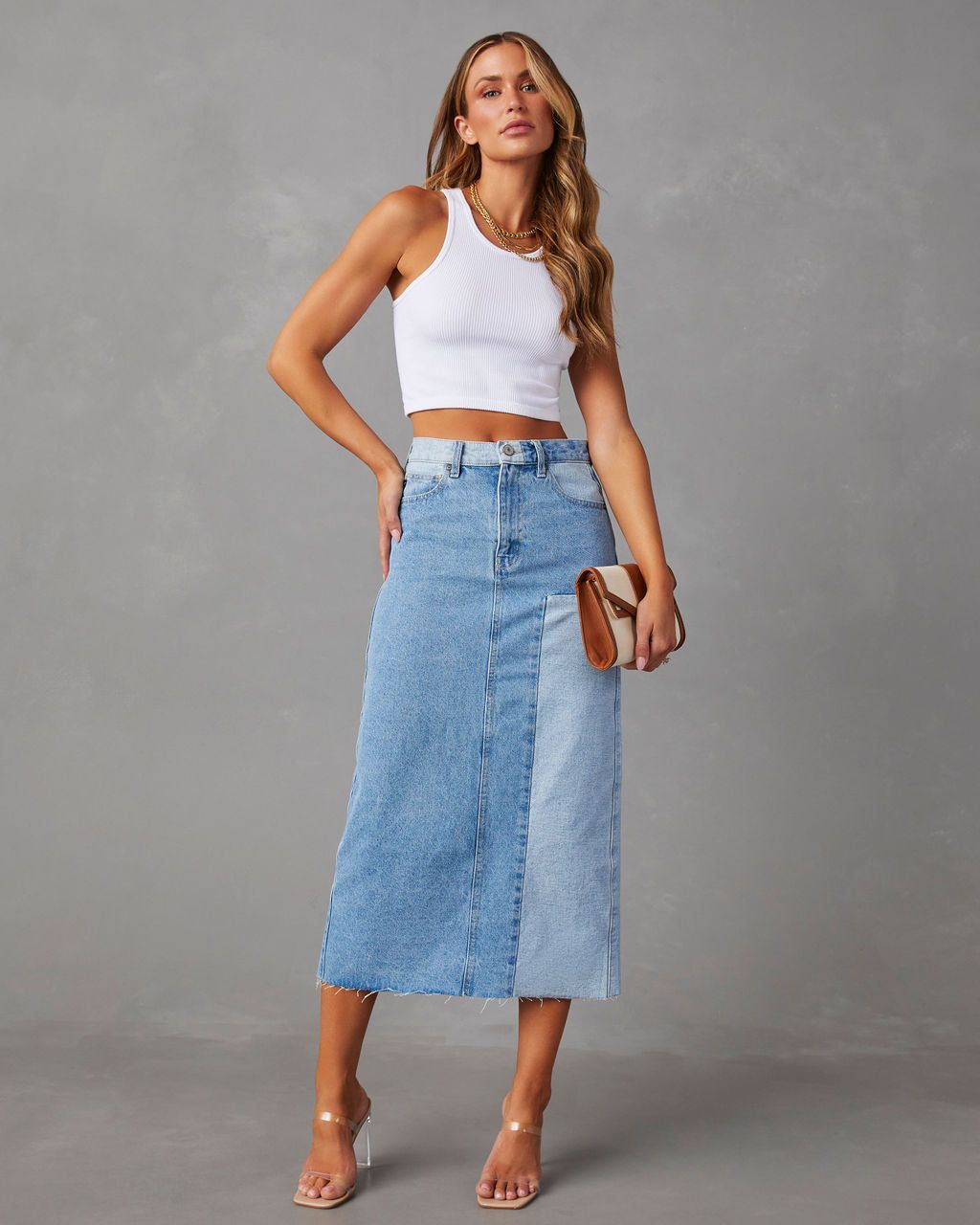 Amryn Two Tone Denim Midi Skirt - Light Wash - SALE sold by Vici