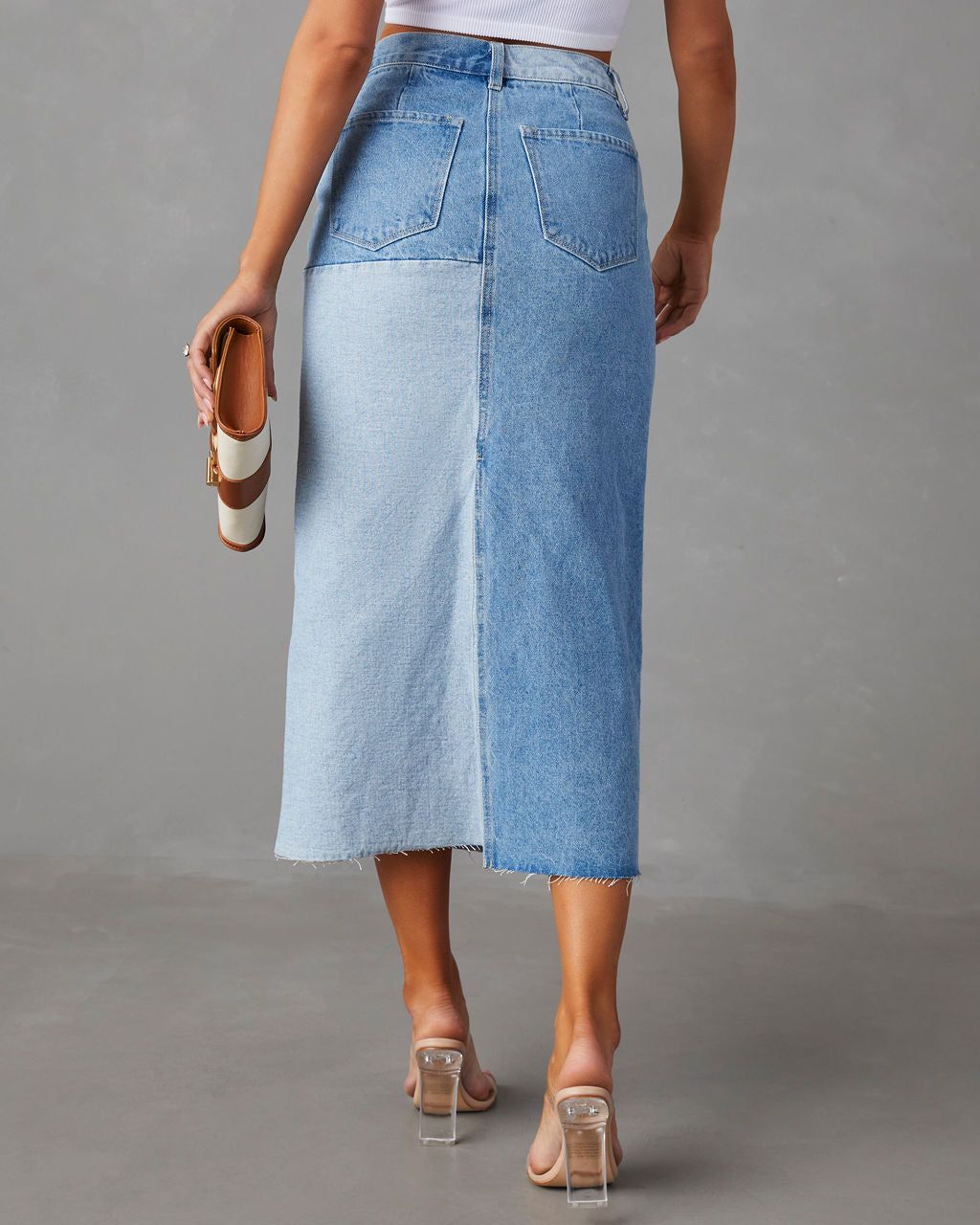 Amryn Two Tone Denim Midi Skirt - Light Wash - SALE sold by Vici product image thumbnail 2