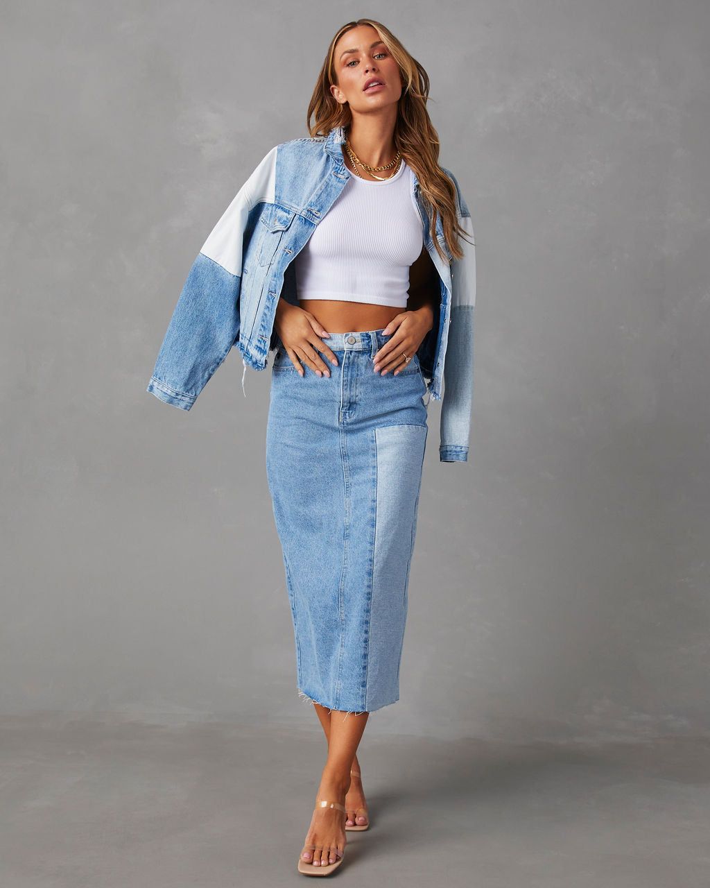 Amryn Two Tone Denim Midi Skirt - Light Wash - SALE sold by Vici product image thumbnail 8