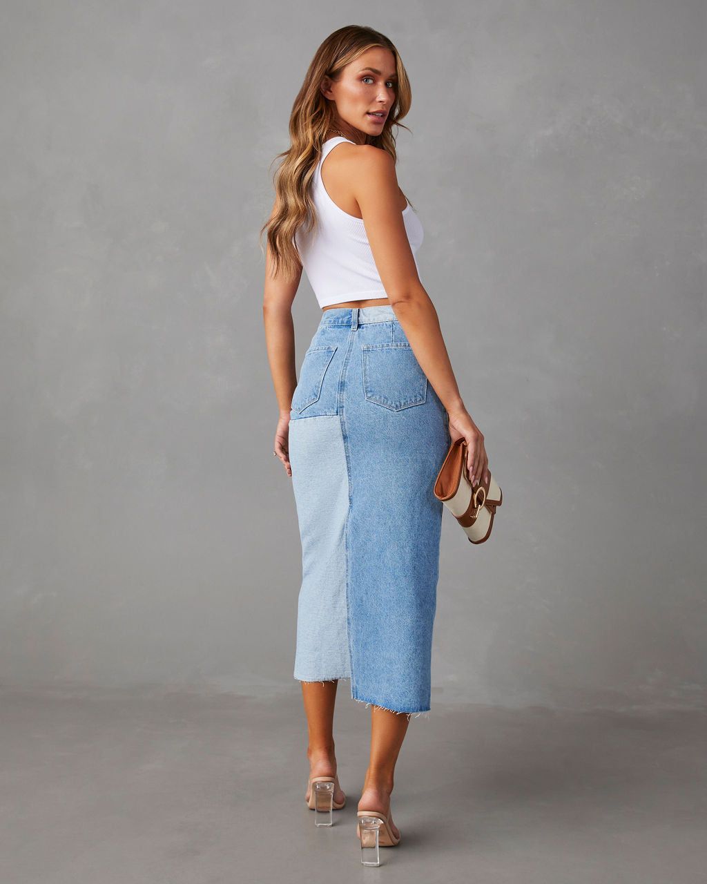Amryn Two Tone Denim Midi Skirt - Light Wash - SALE sold by Vici product image thumbnail 5