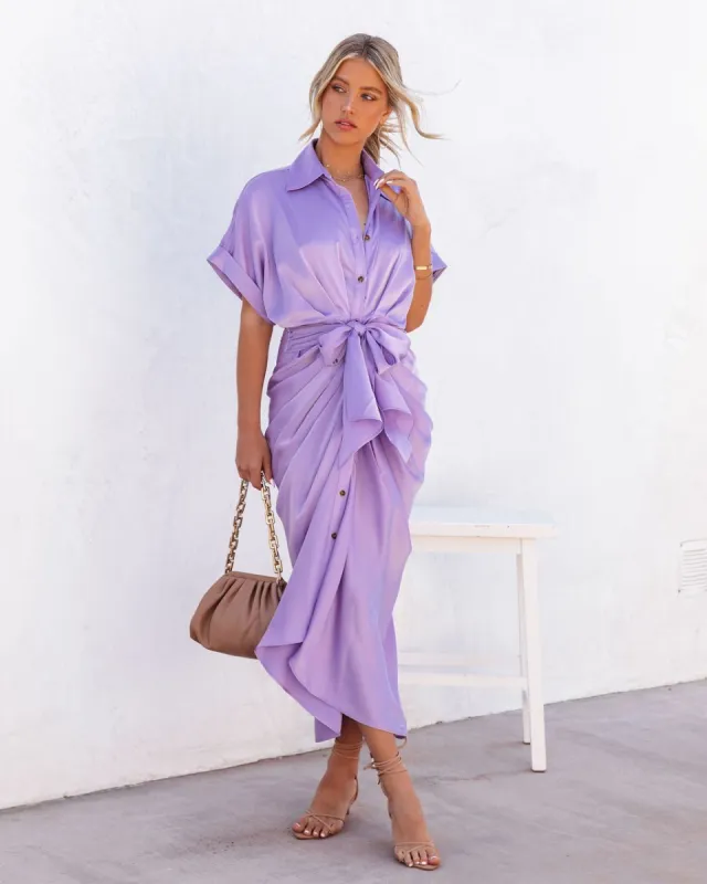 Essence Satin Tie Front Midi Shirt Dress - Lavender - FINAL SALE sold by Vici