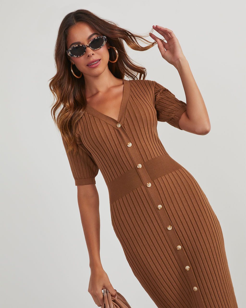 Jourdan Short Sleeve Button Front Sweater Dress - Brown sold by Vici product image thumbnail 5