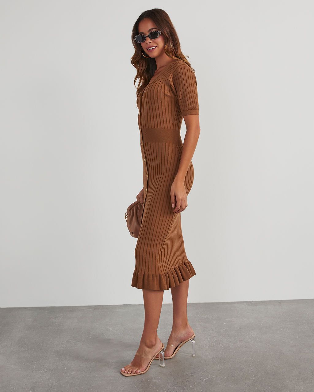 Jourdan Short Sleeve Button Front Sweater Dress - Brown sold by Vici product image thumbnail 3