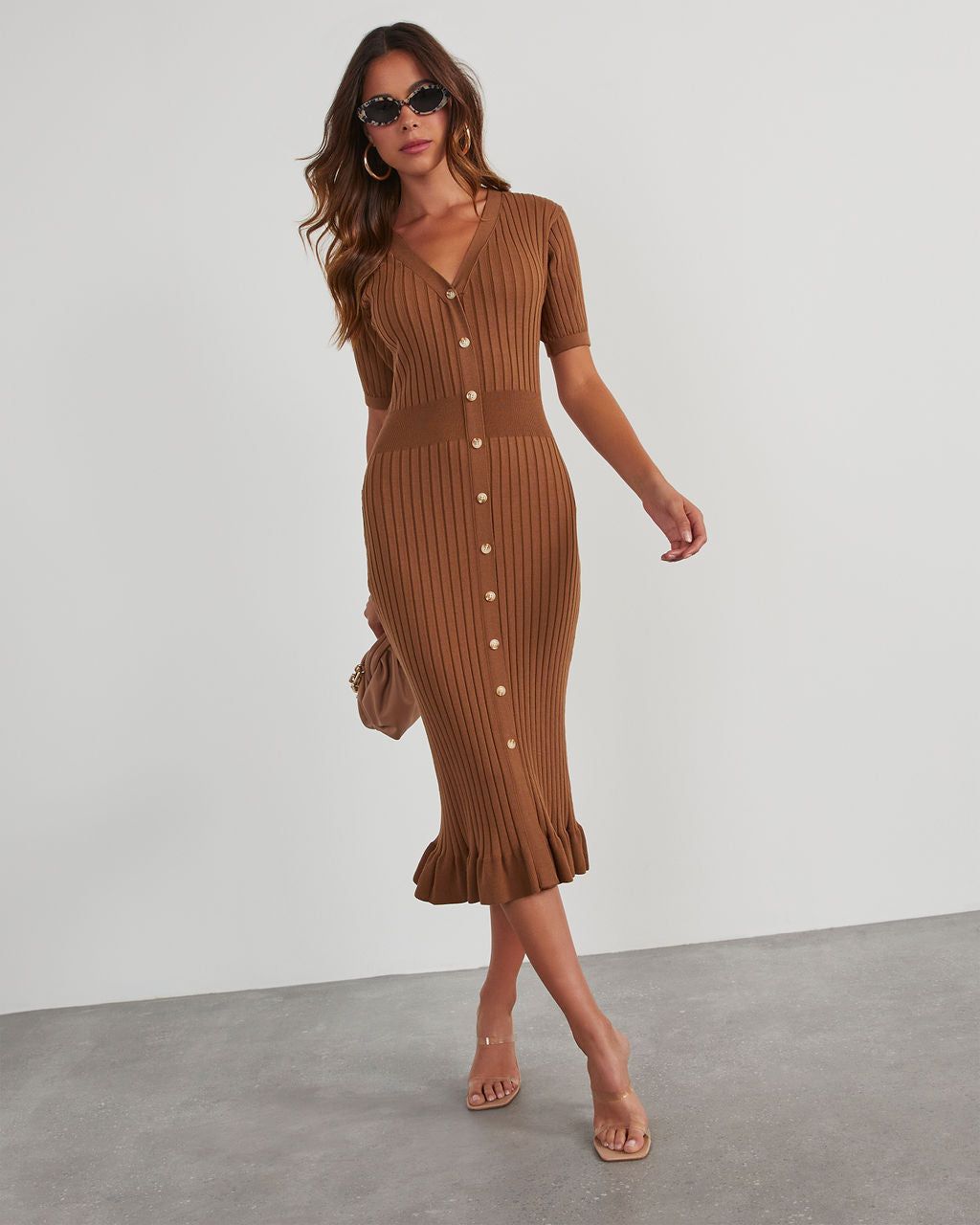 Jourdan Short Sleeve Button Front Sweater Dress - Brown sold by Vici product image thumbnail 6