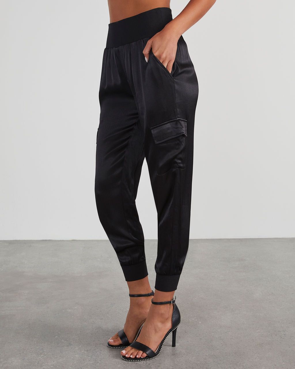 Luxe Look Satin Pocketed Joggers - Black sold by Vici product image thumbnail 2