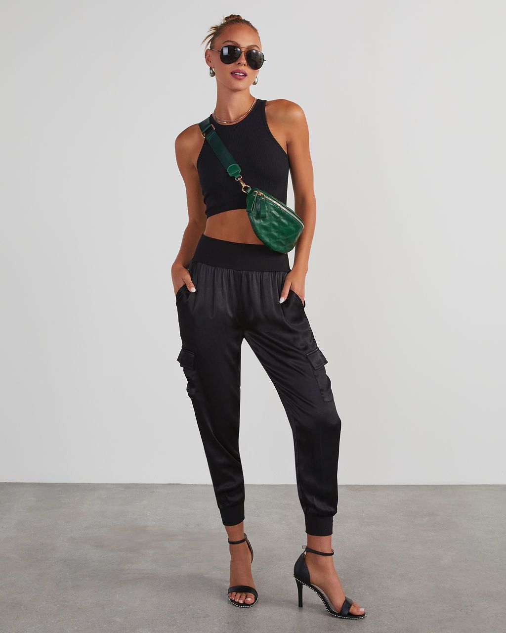 Luxe Look Satin Pocketed Joggers - Black sold by Vici