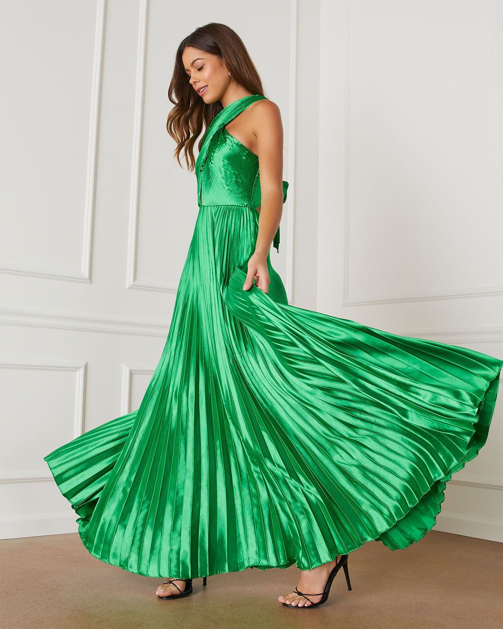 Annalise Satin Pleated Halter Maxi Dress sold by Vici