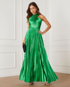 Annalise Satin Pleated Halter Maxi Dress sold by Vici