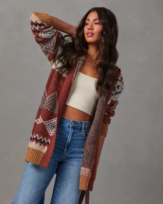 Kettle Printed Hooded Open Front Cardigan - Rust/Multi sold by Vici