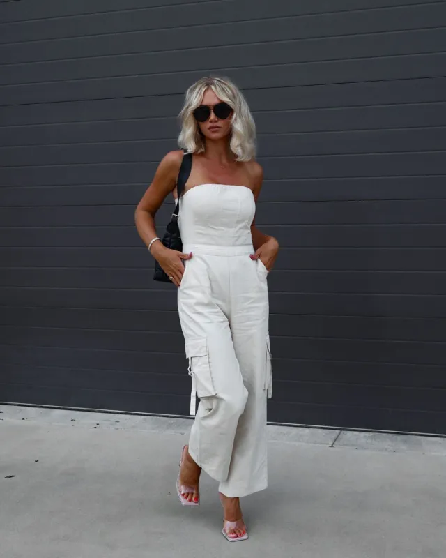 Marquette Strapless Cargo Jumpsuit sold by Vici
