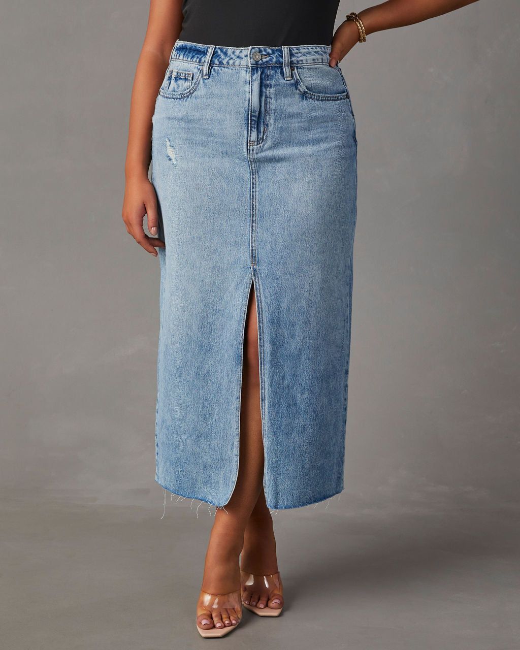 Lavigne Denim Midi Skirt - Light Wash sold by Vici