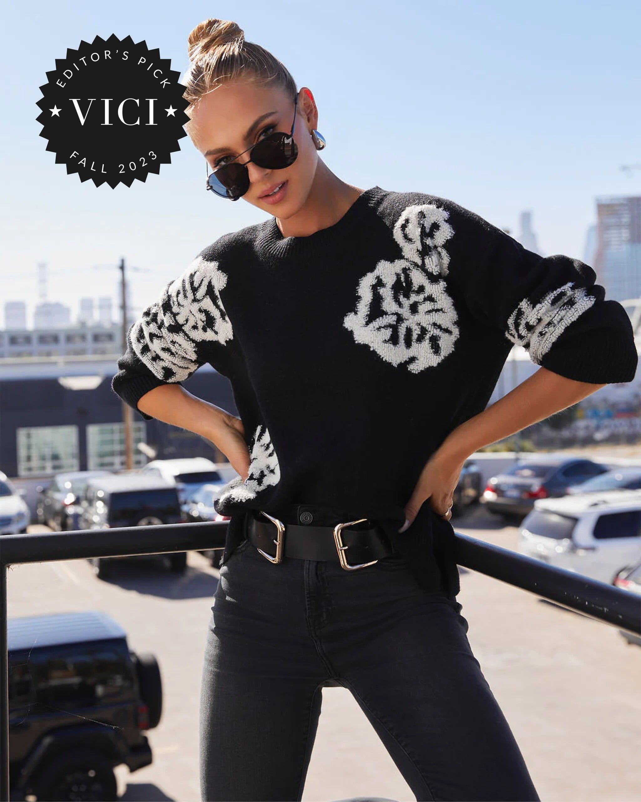 Copeland Floral Contrast Pullover Sweater - Black sold by Vici