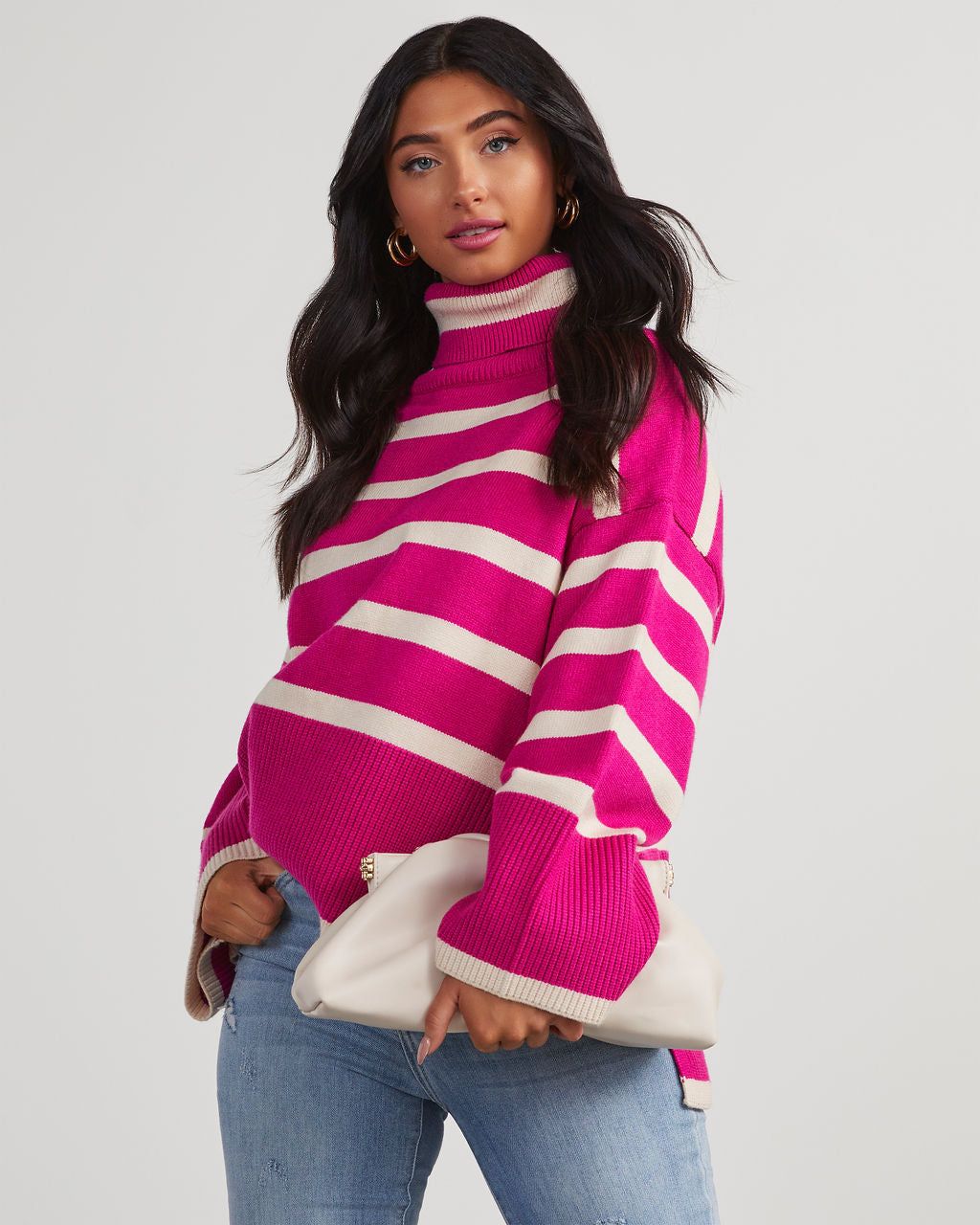 Evelyn Striped Turtleneck Sweater - Hot Pink sold by Vici product image thumbnail 6