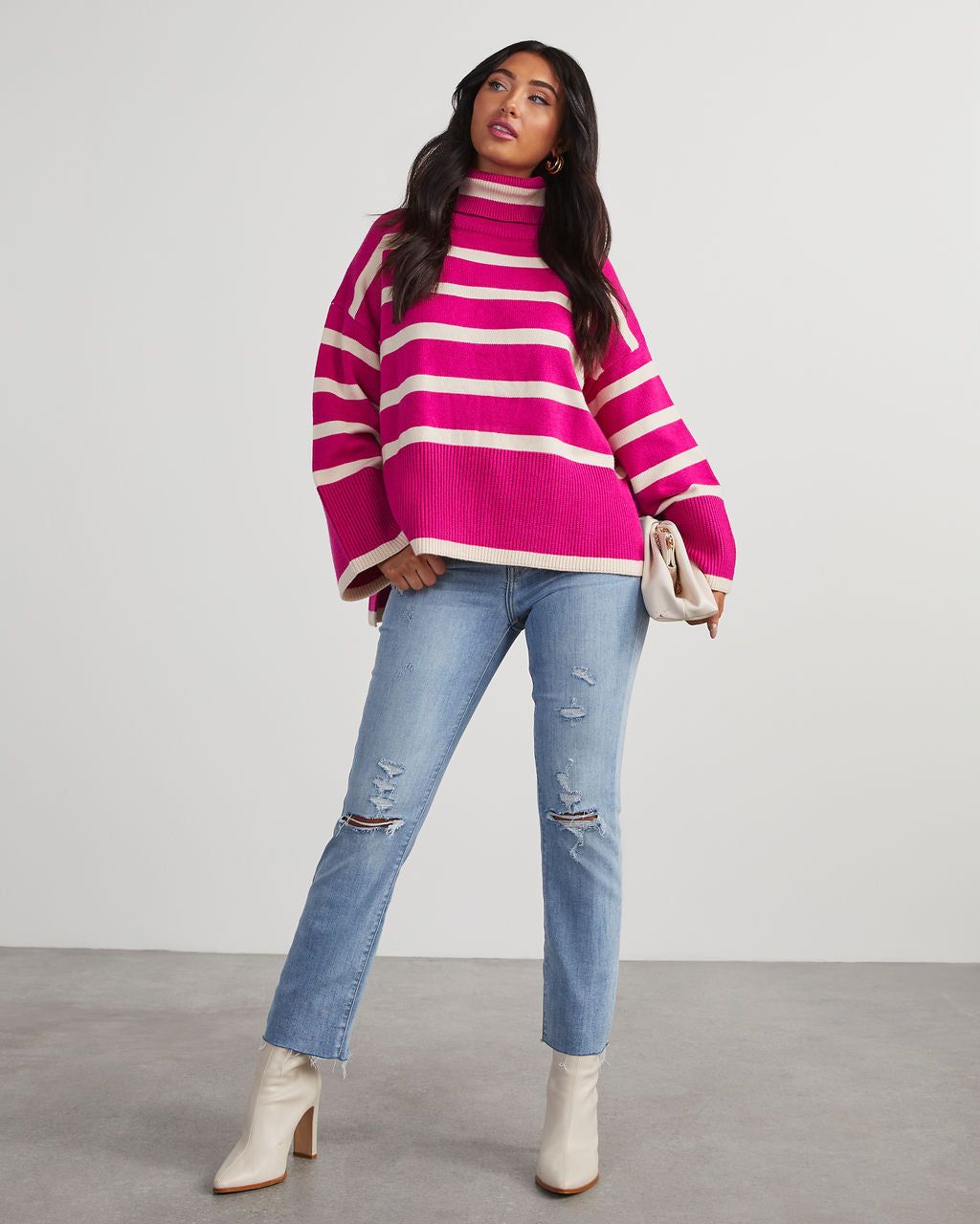 Evelyn Striped Turtleneck Sweater - Hot Pink sold by Vici