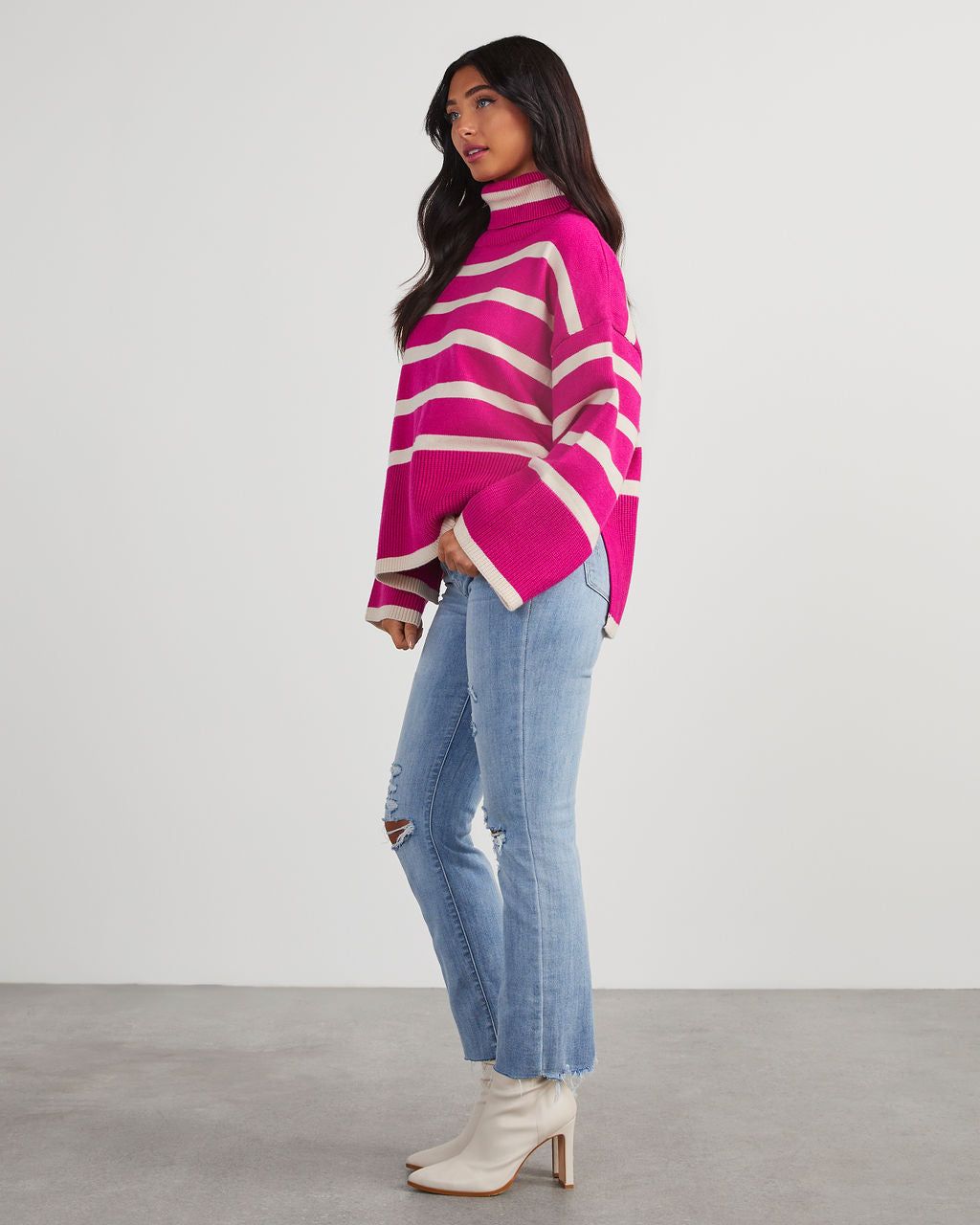 Evelyn Striped Turtleneck Sweater - Hot Pink sold by Vici product image thumbnail 3