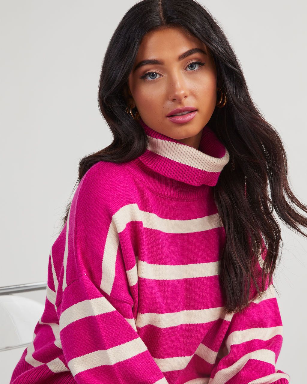 Evelyn Striped Turtleneck Sweater - Hot Pink sold by Vici product image thumbnail 5