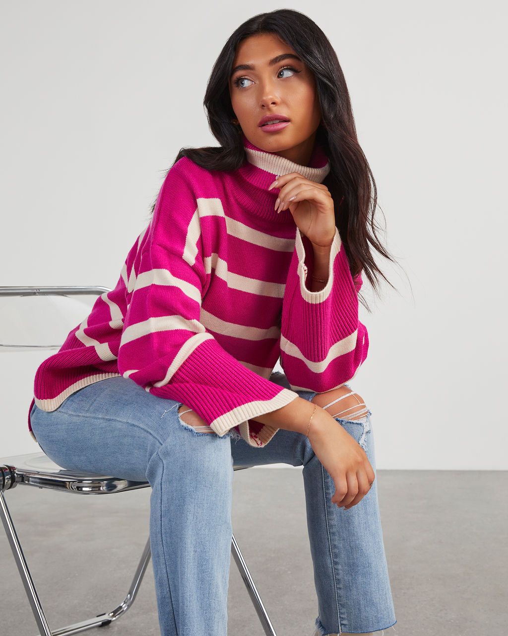 Evelyn Striped Turtleneck Sweater - Hot Pink sold by Vici product image thumbnail 2