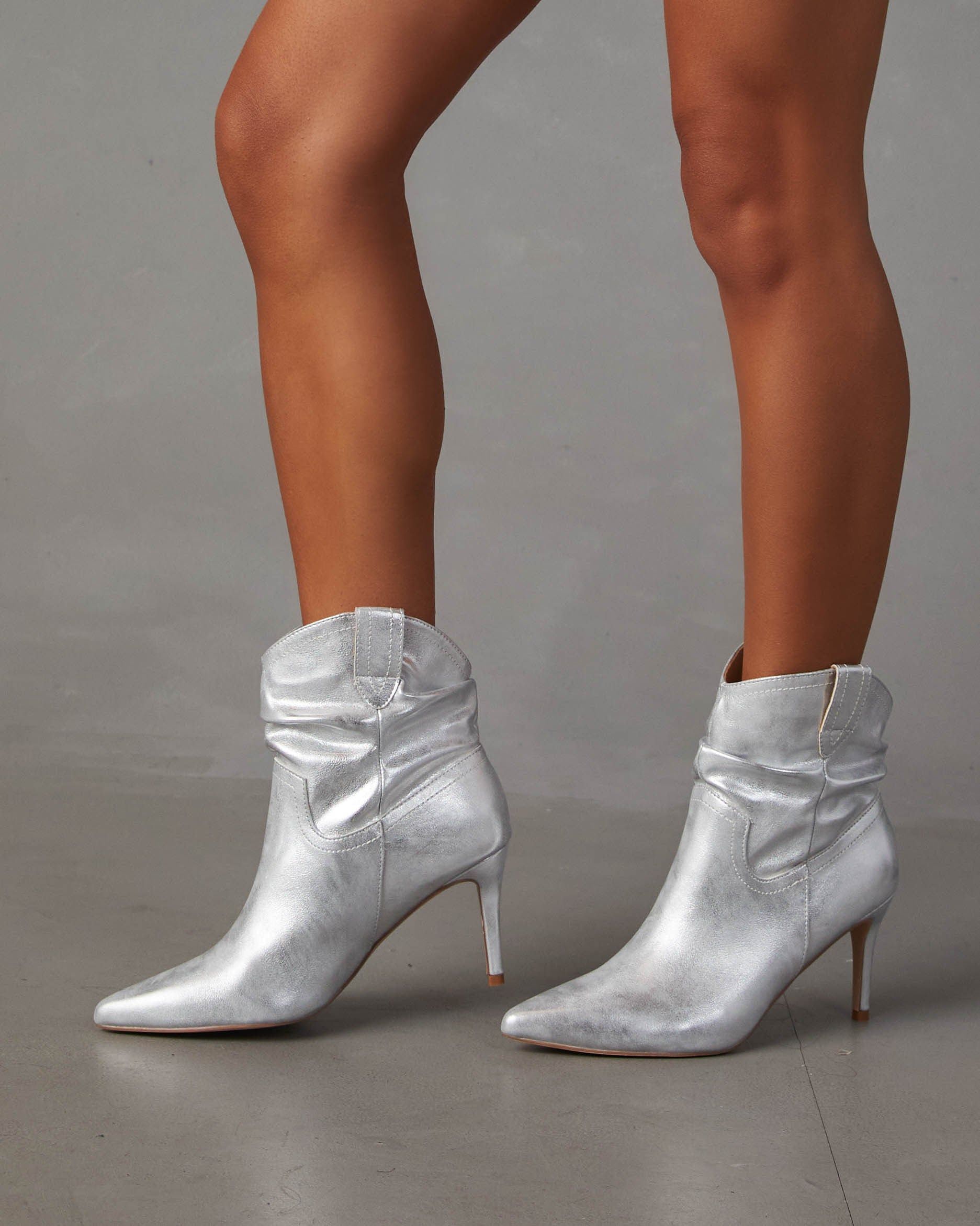 Walk With Me Stiletto Booties - Metallic Silver sold by Vici
