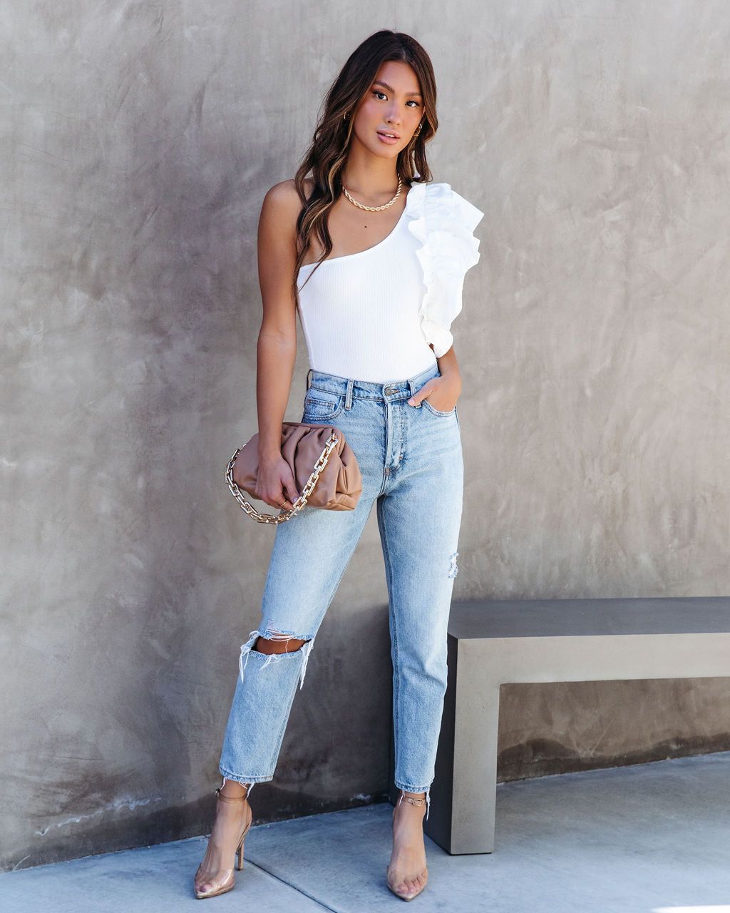 Statement Maker Ribbed One Shoulder Ruffle Bodysuit - White - FINAL SALE sold by Vici product image thumbnail 3