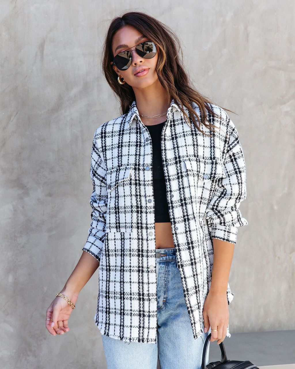 Patton Tweed Frayed Hem Shacket - Black/White - FINAL SALE sold by Vici