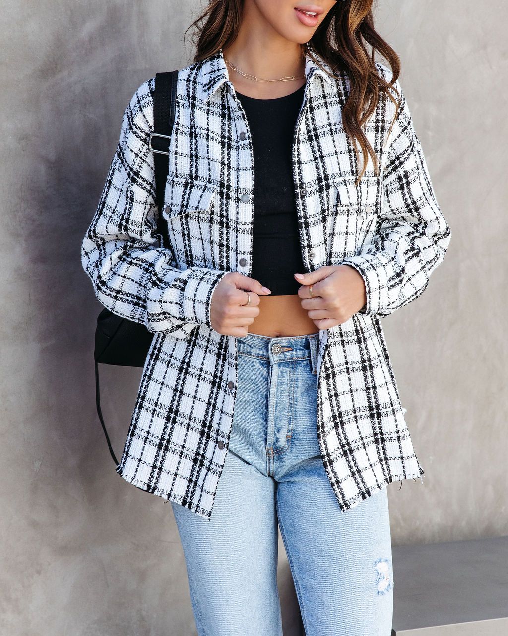 Patton Tweed Frayed Hem Shacket - Black/White - FINAL SALE sold by Vici product image thumbnail 2
