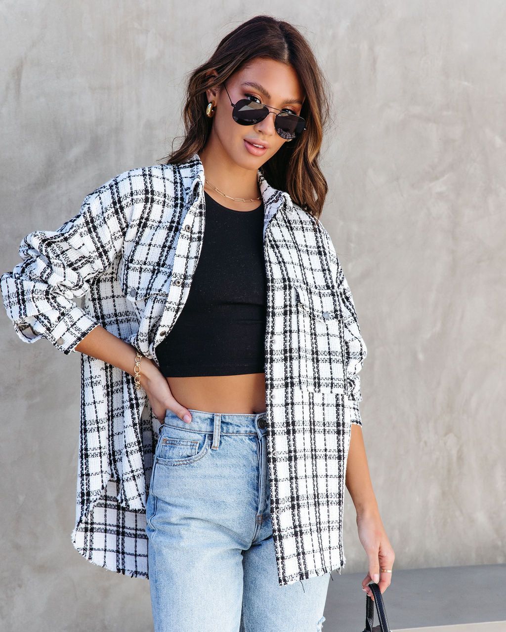 Patton Tweed Frayed Hem Shacket - Black/White - FINAL SALE sold by Vici product image thumbnail 7