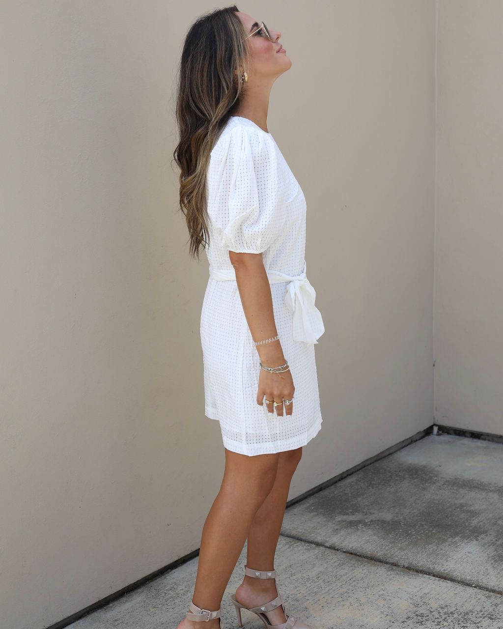 Pure Sweetness Textured Puff Sleeve Tie Waist Mini Dress - White - FINAL SALE sold by Vici product image thumbnail 3