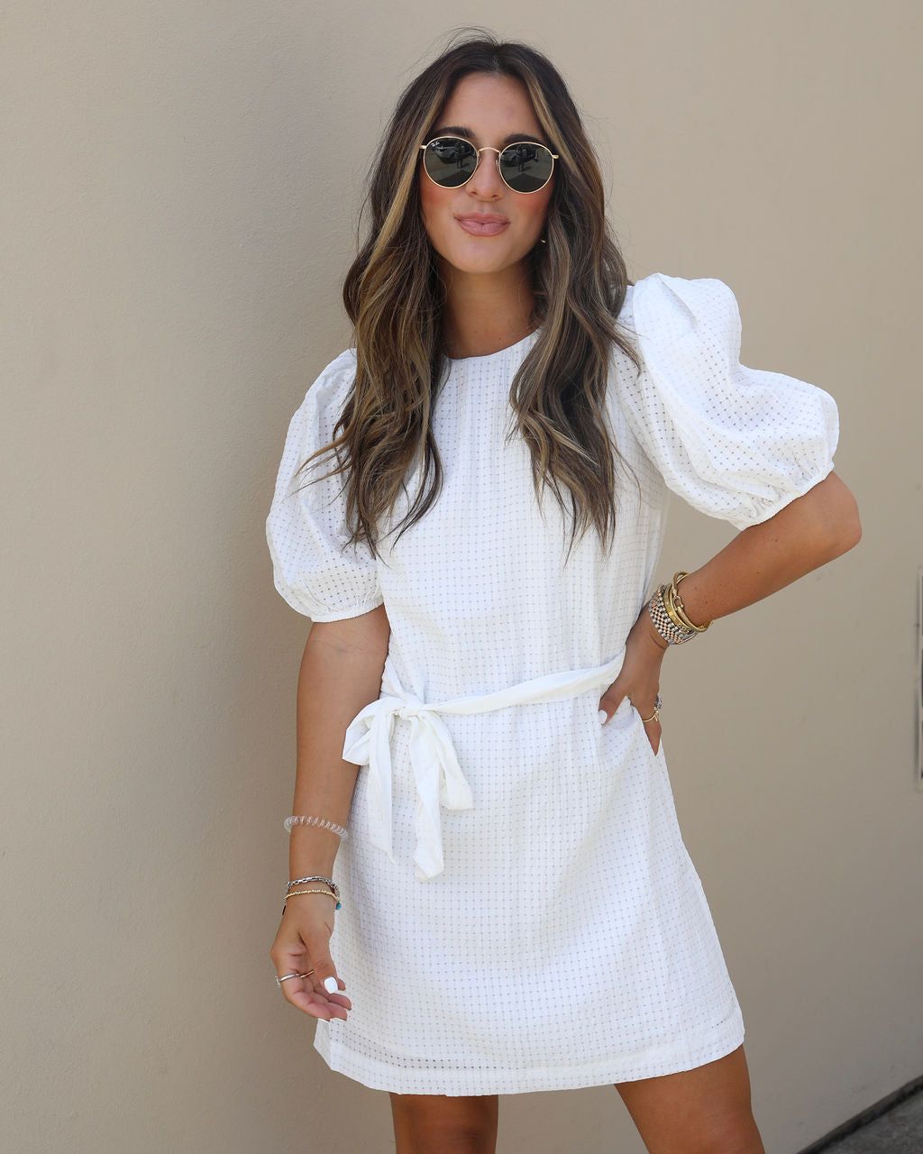 Pure Sweetness Textured Puff Sleeve Tie Waist Mini Dress - White - FINAL SALE sold by Vici
