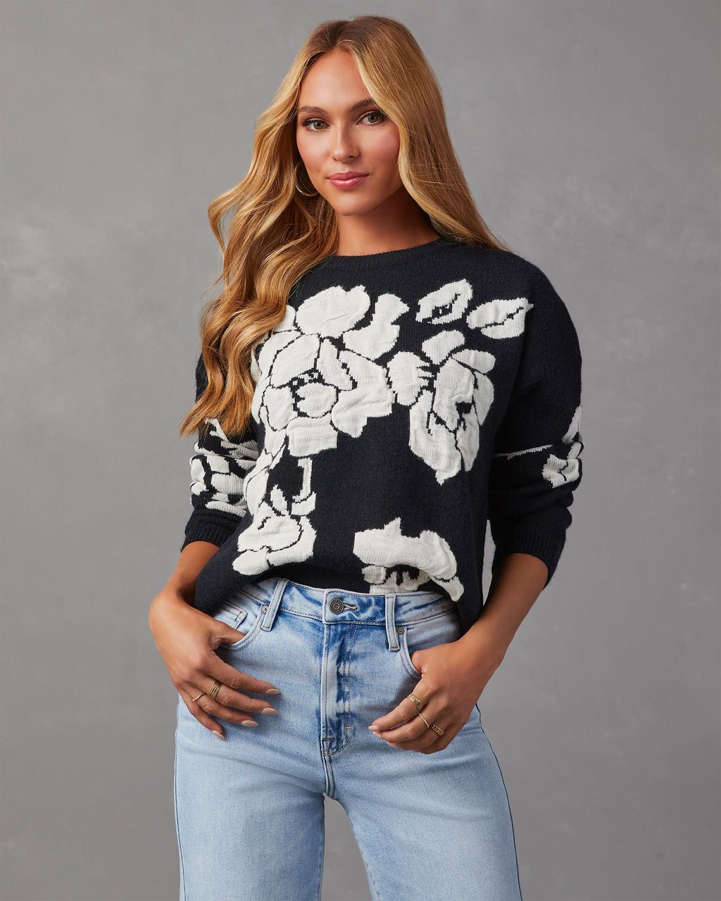 Chic Bouquet Floral Pullover Sweater - Black sold by Vici