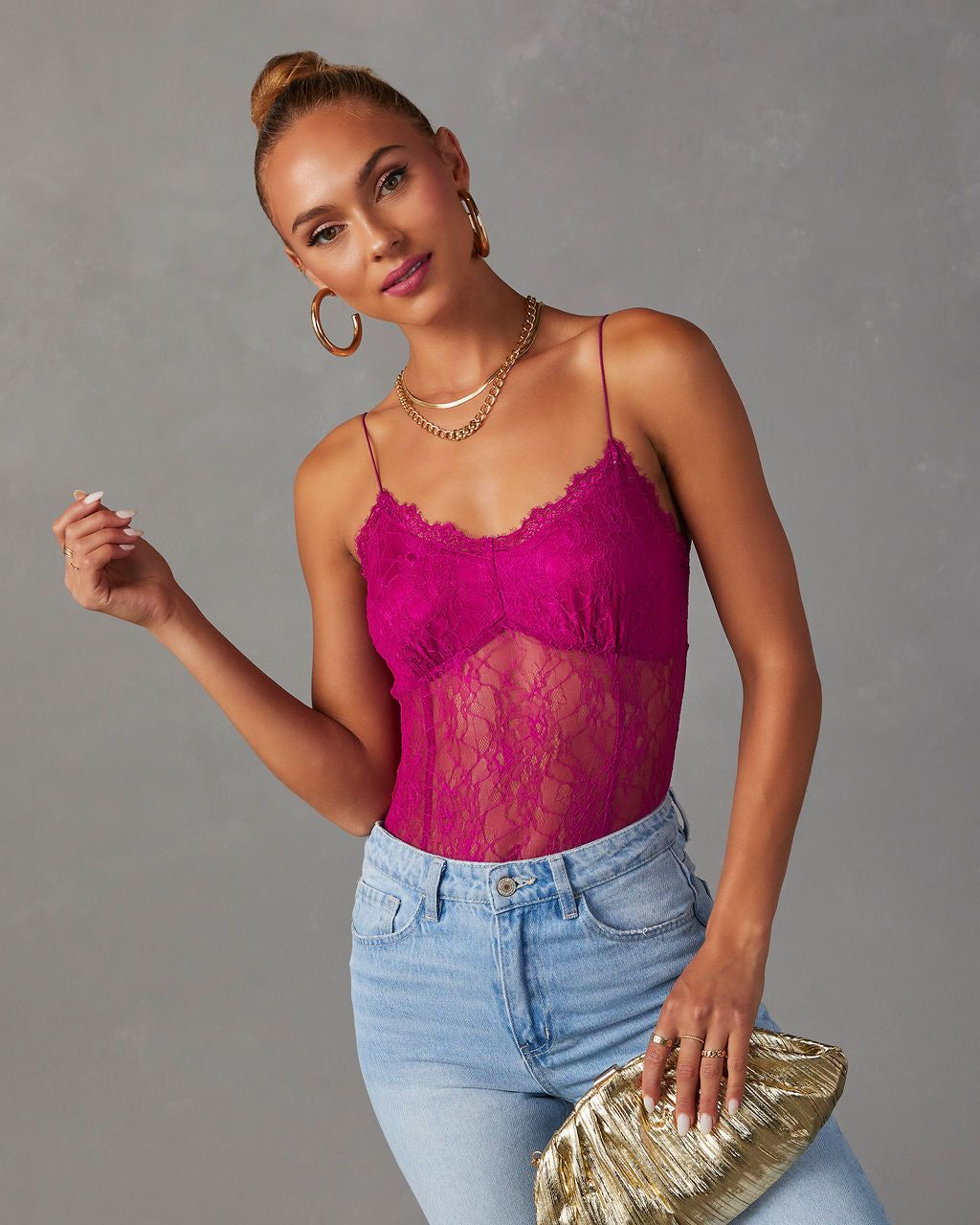 Late Night Lace Bodysuit - Fuchsia sold by Vici