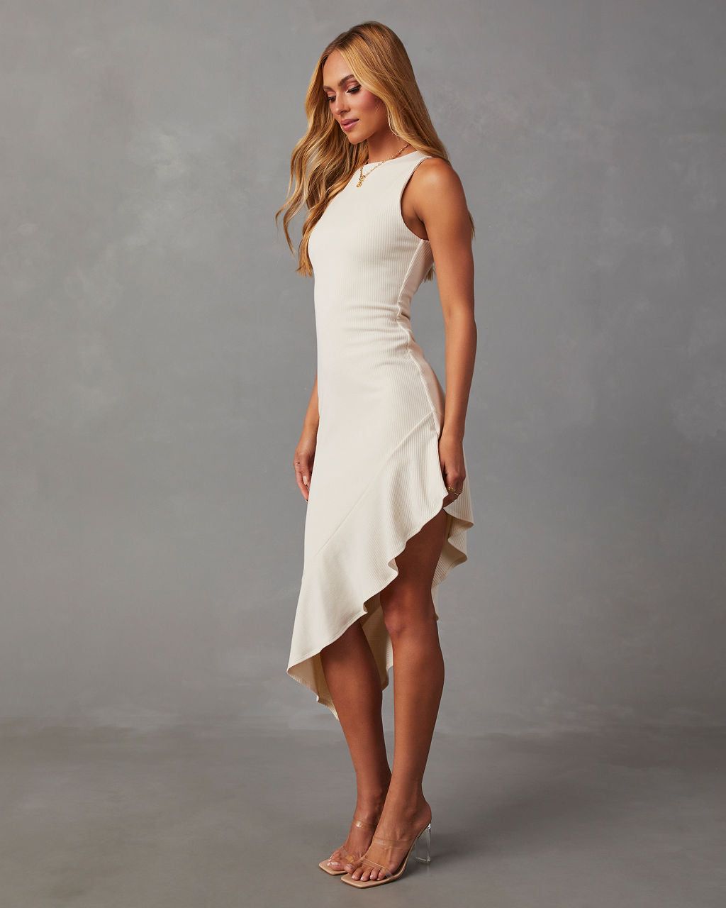 Mischa Asymmetrical Hem Knit Midi Dress - Oat sold by Vici product image thumbnail 6