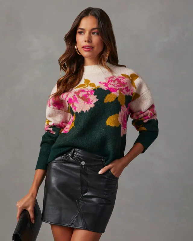 Vintage Rose Contrast Pullover Sweater - Hunter Green sold by Vici