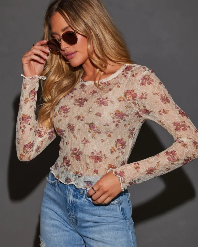 Rose Garden Printed Mesh Crew Neck Top sold by Vici